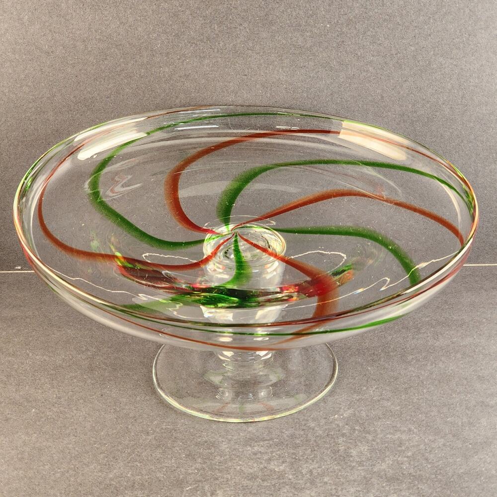 Hand Blown Glass Cake Stand Red Green Swirl 12.5" Pedestal Dessert Plate